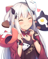  blush breasts candy chocolate closed_eyes closed_mouth commentary_request eating facing_viewer female food grey_hair heart heart-shaped_chocolate hikimayu horns long_hair mask mask_on_head mutsuba_fumi naraka_(1st_costume)_(nijisanji) naraka_(nijisanji) nijisanji oni pointy_ears simple_background small_breasts smile solo tongue tongue_out upper_body virtual_youtuber white_background 