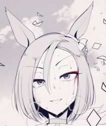  air_groove_(umamusume) animal_ears breath close-up cloud cloudy_sky confetti ear_ribbon eyelashes eyeliner female greyscale hair_between_eyes highres horse_ears horse_girl looking_ahead makeup monochrome paper sakifox short_hair sky smile solo sweat umamusume 