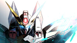  blitz_gundam blue_eyes glowing glowing_eyes gundam gundam_seed highres kuri_giepi light_particles looking_at_viewer mecha mobile_suit no_humans portrait robot science_fiction solo straight-on v-fin 