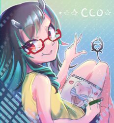  alternate_costume bespectacled black_hair blue_hair commentary_request demon_girl demon_horns demon_tail drawing feet_out_of_frame female flat_chest glasses heart holding holding_pencil horns kuzuhana long_hair looking_at_viewer looking_back multicolored_hair nanashi_inc. oerba_yun_fang open_mouth pencil red-framed_eyewear red_eyes semi-rimless_eyewear shirt shishio_chris sketchbook sleeveless sleeveless_shirt smile solo sugar_lyric tail two-tone_hair under-rim_eyewear virtual_youtuber yellow_shirt 