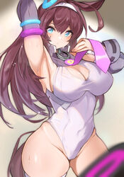  animal_ears blue_eyes blurry breasts brown_hair cleavage cleavage_cutout clothing_cutout commentary cowboy_shot depth_of_field detached_sleeves female grey_hairband hairband highleg highleg_leotard horse_ears horse_girl horse_tail horseshoe inaba_(usanopo) large_breasts leotard long_hair looking_at_viewer mihono_bourbon_(umamusume) necktie pink_necktie solo tail thighhighs umamusume white_leotard white_thighhighs 