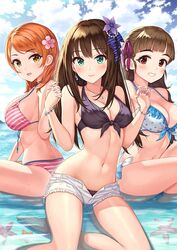  3girls bare_shoulders bikini bikini_under_clothes blunt_bangs bow bracelet breasts brown_eyes cleavage closed_mouth cloud cloudy_sky collarbone commentary_request day earrings flower front-tie_bikini_top front-tie_top green_eyes hair_flower hair_ornament hair_ribbon hamahama hands_up highres hojo_karen holding_hands idolmaster idolmaster_cinderella_girls interlocked_fingers jewelry kamiya_nao large_breasts long_hair looking_at_viewer medium_breasts medium_hair multiple_girls navel no_shirt ocean open_mouth orange_hair outdoors parted_bangs pink_flower polka_dot polka_dot_bikini purple_flower purple_ribbon red_eyes ribbon shibuya_rin short_shorts shorts sitting sky smile starfish striped_bikini striped_clothes swimsuit tareme thighs triad_primus_(idolmaster) unzipped water white_bow white_shorts yellow_eyes 