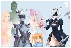  2b_(nier:automata) 6+girls ? blindfold blue_background breasts cleavage commentary covered_eyes dark_elf dark_elf_(lineage_2) dwarf_(lineage_2) earrings elcadia elf elf_(lineage_2) jewelry kamael katana leotard lineage lineage_2 medium_breasts mole mole_under_mouth multiple_girls nier:automata nier_(series) orc_(lineage_2) pointing pointing_at_self pointy_ears prywinko simple_background skindentation squiggle sword thick_thighs thighs weapon white_leotard 