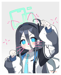  aris_(blue_archive) black_hair black_hairband black_jacket blue_archive blue_eyes blue_necktie blush border closed_mouth collared_shirt commentary_request dated drawn_ears drawn_wings face_filter female hair_between_eyes hairband halo jacket long_bangs long_hair long_hair_between_eyes long_sleeves looking_at_viewer mei_mu multicolored_clothes multicolored_jacket necktie one_side_up open_clothes open_jacket partial_commentary paw_pose shirt simple_background smile solo tie_clip upper_body white_jacket white_shirt 