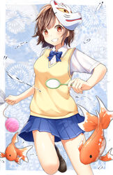  absurdres bad_id bad_pixiv_id balloon blue_bow blue_skirt border bow bowtie brown_hair cardigan_vest chasing commentary_request female firework_background fish fox_mask goldfish_scooping grin highres hozuka koi mask mask_on_head orange_eyes original pleated_skirt red_eyes running school_uniform shirt short_hair skirt smile solo summer water_drop white_border white_shirt 