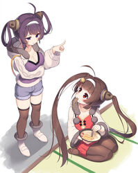  2girls ahoge azur_lane bell blue_shorts blush boots bowl breasts brown_hair brown_pantyhose brown_thighhighs china_dress chinese_clothes chopsticks cleavage closed_mouth commentary_request dress eating food food_in_mouth fur-trimmed_boots fur-trimmed_jacket fur-trimmed_shorts fur-trimmed_sleeves fur_trim hair_bell hair_ornament hair_rings hairband highres holding holding_bowl holding_chopsticks jacket jingle_bell long_hair long_sleeves medium_breasts multiple_girls ning_hai_(azur_lane) ning_hai_(springtime_sojourn)_(azur_lane) no_shoes noodles official_alternate_costume olive_(laai) open_clothes open_jacket pantyhose photoshop_(medium) ping_hai_(azur_lane) ping_hai_(great_gourmet_expedition)_(azur_lane) pointing purple_eyes purple_hair purple_shirt red_dress red_eyes seiza shirt short_shorts shorts shrimp shrimp_tempura sitting standing tempura thighhighs thighhighs_under_boots twintails very_long_hair white_background white_footwear white_hairband white_jacket 