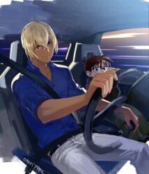  2boys amuro_tooru belt black-framed_eyewear blonde_hair blue_eyes blue_shirt brown_hair car_interior closed_mouth collarbone collared_shirt commentary_request dark-skinned_male dark_skin driving edogawa_conan glasses green_pants grey_pants hair_between_eyes indesign lolicon looking_at_viewer male_focus meitantei_conan multiple_boys pants right-hand_drive seatbelt shirt short_hair short_sleeves signature sitting smile speed_lines steering_wheel 