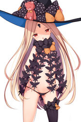  abigail_williams_(fate) abigail_williams_(second_ascension)_(fate) absurdres bad_id bad_pixiv_id black_bow black_hat blonde_hair blush bow breasts chestnut_mouth fate/grand_order fate_(series) female hat highres irokari keyhole long_hair looking_at_viewer multiple_bows navel orange_bow parted_bangs polka_dot polka_dot_bow red_eyes revealing_clothes simple_background single_thighhigh small_breasts solo stuffed_animal stuffed_toy teddy_bear thighhighs white_background 