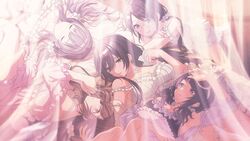  5girls armpit_crease bandage_on_face bandages bare_shoulders bed black_hair bloom bloomers blue_eyes blunt_bangs blurry blush breasts brown_hair camisole cleavage closed_eyes clothing_cutout collarbone commentary diagonal_bangs dress feet_out_of_frame frills game_cg glasses grey_hair hand_in_another&#039;s_hair holding holding_pillow idolmaster idolmaster_shiny_colors l&#039;antica_(idolmaster) large_breasts lingerie long_hair low_ponytail low_twintails lying mitsumine_yuika multiple_girls neck_ribbon nightgown off_shoulder official_art on_back on_side on_stomach parted_lips pillow pink_dress pink_eyes purple_eyes ribbon round_eyewear shading_eyes shirase_sakuya shoulder_cutout strap_slip tanaka_mamimi transparent_curtains tsukioka_kogane twintails underwear very_long_hair yellow_eyes yukoku_kiriko 