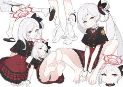  :3 absurdres barefoot black_jacket black_panties blood blue_archive chibi chibi_inset closed_mouth cropped_jacket doodle_sensei_(blue_archive) eyelashes feet female grey_hair grin hair_ornament hair_scrunchie halo high-waist_skirt highres jacket knees_up lan_mao_akko legs long_hair multiple_views mutsuki_(blue_archive) mutsuki_(new_year)_(blue_archive) no_shoes official_alternate_costume panties pantyshot red_eyes red_skirt sandals scrunchie sensei_(blue_archive) side_ponytail skirt smile socks soles swept_bangs tabi thighs toes tongue tongue_out underwear very_long_hair white_socks wristband zouri 