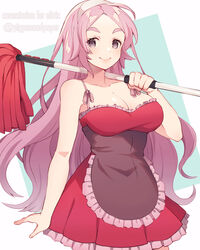  ahoge apron bare_arms bare_shoulders black_apron blush breasts brown_eyes cleavage closed_mouth collarbone commentary_request commission dress female forehead frilled_apron frilled_dress frills green_background grey_background hairband highres holding long_hair looking_at_viewer medium_breasts numbers_(pigpenandpaper) original parted_bangs pink_hair red_dress smile solo thick_eyebrows two-tone_background very_long_hair white_hairband 