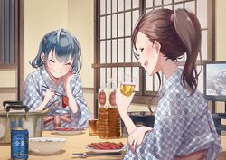  2girls absurdres alcohol beer beer_can blue_hair blush bottle brown_hair can chopstick_rest chopsticks closed_eyes closed_mouth commentary_request cup drink drink_can drinking_glass food highres holding holding_chopsticks holding_drink iced_tea indoors japanese_clothes kimono long_hair meat michinoku_(hiking_miusan18) multiple_girls obi original plate ponytail print_kimono sash shouji sliding_doors smile television white_kimono yukata 