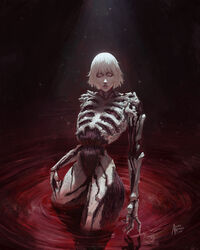  azure_meraki biopunk blood closed_eyes dated exposed_muscle facing_viewer female highres horror_(theme) making-of_available no_skin original parted_lips pool_of_blood short_hair signature skeleton solo standing wading white_hair 