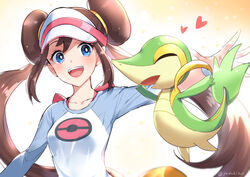  blue_eyes blush bow breasts brown_hair double_bun female hair_bun heart long_hair looking_at_viewer open_mouth pink_bow pokemon pokemon_(creature) pokemon_bw2 raglan_sleeves rosa_(pokemon) smile snivy twintails very_long_hair visor_cap yuduki_(tt-yuduki) 