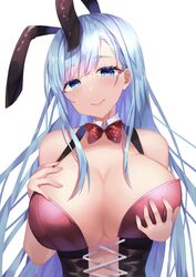  absurdres animal_ears azur_lane bad_id bad_pixiv_id bare_shoulders blue_eyes blue_hair bow breast_lift breasts cleavage detached_collar fake_animal_ears female hand_on_own_chest highres huge_breasts leotard long_hair looking_at_viewer official_alternate_costume playboy_bunny purple_leotard rabbit_ears red_bow simple_background sino_rameko solo strapless strapless_leotard ticonderoga_(azur_lane) ticonderoga_(show_stopper!)_(azur_lane) upper_body white_background 