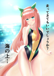  animal_ears beach black_one-piece_swimsuit blue_sky breasts commentary_request competition_swimsuit cowboy_shot day female green_eyes hairband highres hime_cut horizon horse_ears horse_girl horse_tail long_hair md5_mismatch multicolored_clothes multicolored_swimsuit ocean one-piece_swimsuit orange_hair outdoors silence_suzuka_(umamusume) sky small_breasts solo swimsuit tail tomotan_(pixiv_30448887) translation_request umamusume white_hairband 