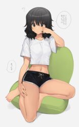  ? andou_(girls_und_panzer) bare_legs barefoot black_eyes black_hair black_shorts bow crop_top dark-skinned_female dark_skin dolphin_shorts female girls_und_panzer hair_between_eyes legs medium_hair midriff mole mole_on_leg navel shirt short_shorts shorts solo tan_(inka) translated white_shirt 