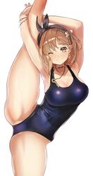  :3 armpits arms_up atelier_(series) atelier_ryza atelier_ryza_1 bare_legs blue_one-piece_swimsuit blush braid breasts brown_hair cleavage closed_mouth clover_hair_ornament commentary covered_navel cowboy_shot earrings female hair_ornament hairband highres inaba_(usanopo) jewelry key key_necklace large_breasts looking_at_viewer medium_hair necklace one-piece_swimsuit one_eye_closed parted_bangs reisalin_stout school_swimsuit simple_background sleeveless smile solo split standing standing_on_one_leg standing_split swimsuit thick_thighs thighs white_background wristband yellow_eyes 