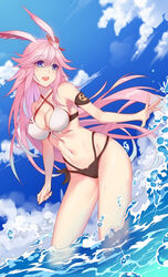  5plus :d absurdres animal_ears beach bikini blue_sky breasts cleavage cloud cloudy_sky day female fox_ears hair_between_eyes highres honkai_(series) honkai_impact_3rd long_hair navel ocean open_mouth outdoors pink_hair sky smile solo swimsuit wading wet yae_sakura 