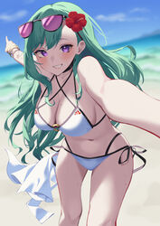  beach bikini black_choker blurry blurry_background blush bracelet breasts choker cleavage criss-cross_halter eyewear_on_head female flower green_hair grin hair_behind_ear hair_flower hair_ornament halterneck hibiscus highres jewelry komito_(komito5310) large_breasts leaning_forward long_hair looking_at_viewer mole mole_on_breast mole_on_thigh multi-strapped_bikini navel o-ring o-ring_bikini o-ring_top ocean official_alternate_costume outstretched_arm pointing purple_eyes reaching reaching_towards_viewer red_flower side-tie_bikini_bottom smile solo standing string_bikini sunglasses sweat swept_bangs swimsuit very_long_hair virtual_youtuber vspo! white_bikini yakumo_beni yakumo_beni_(summer_c102) 