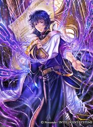  1boy belt blue_eyes blue_hair book boots cape chains commentary_request fire_emblem fire_emblem:_radiant_dawn fire_emblem_cipher male_focus official_art pelleas_(fire_emblem) solo takaya_tomohide tattoo 