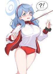  !? ako_(blue_archive) ako_(track)_(blue_archive) ass_visible_through_thighs blue_archive blue_eyes blue_hair bracelet breasts buruma collar feet_out_of_frame female gym_uniform hairband hasarang highres jacket jewelry leash leash_pull long_hair long_sleeves motion_lines official_alternate_costume open_clothes open_jacket red_buruma shirt simple_background solo spoken_interrobang sweat white_background white_shirt 