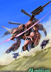  bucue desert glowing glowing_eye green_eyes gundam gundam_arsenal_base gundam_seed lagowe mecha mercy_rabbit mobile_suit no_humans official_art one-eyed pink_eyes robot running sky solo_focus 