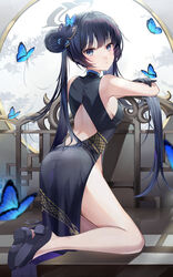  absurdres arched_back ass back back_cutout bare_arms bare_legs bare_shoulders black_dress black_footwear black_hair blue_archive blue_butterfly blue_eyes breasts bug butterfly butterfly_hair_ornament china_dress chinese_clothes clothing_cutout dragon_print dress expressionless female hair_bun hair_ornament halo highres ion_(on01e) kisaki_(blue_archive) long_hair looking_at_viewer looking_back no_panties pelvic_curtain print_dress shoes sleeveless sleeveless_dress small_breasts solo thighs twintails very_long_hair 