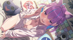  ahoge animal_ear_fluff animal_ears bare_legs barefoot bed_sheet blue_hair blue_nails blue_ribbon blush braid breasts cat_ears cat_girl cat_tail cleavage collarbone collared_shirt colored_inner_hair dyed_ahoge female fingernails hair_ribbon highres hololive kemonomimi_mode kneeling large_breasts legs light_blue_hair long_hair long_sleeves minato_aqua multicolored_hair nail_polish naked_shirt neko_(minato_aqua) open_mouth partially_unbuttoned purple_eyes purple_hair purple_tail ribbon shirt sleeves_past_wrists smile solo streaked_hair tail tail_ornament tail_ribbon teeth thighs toenails tokumaro two-tone_hair two_side_up unbuttoned unbuttoned_shirt virtual_youtuber white_shirt yes yes-no_pillow 