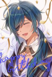  1boy black_jacket blue_hair blush closed_eyes collarbone commentary confetti earrings eyepatch facing_viewer genshin_impact grey_background happy_birthday highres jacket jewelry kaeya_(genshin_impact) long_hair low_ponytail male_focus ponytail shirt solo streamers tiny_(tini3030) upper_body white_shirt 