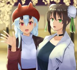  2girls :d alternate_costume aozaku_(hatake_no_niku) black_choker black_hair black_shirt breasts brown_coat bun_cover casual choker coat commentary_request contemporary double_bun fate/grand_order fate_(series) green_eyes grey_hair hair_between_eyes hair_bun hat highres horns horns_through_headwear jacket large_breasts long_hair looking_at_viewer multiple_girls oni_horns open_mouth qin_liangyu_(fate) red_eyes red_headwear shirt short_hair sidelocks smile sweater tomoe_gozen_(fate) turtleneck turtleneck_sweater upper_body waving white_jacket white_sweater 