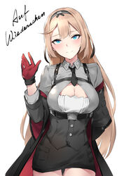  absurdres arm_behind_back blue_eyes blush breasts cleavage female girls&#039;_frontline goodbye highres large_breasts light_brown_hair long_hair reisun001 smile solo stg-940_(girls&#039;_frontline) very_long_hair waving zen_juraku 