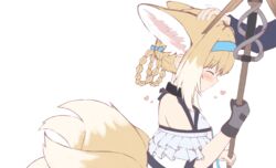  1other ambiguous_gender animal_ears arknights bad_id bad_pixiv_id bare_shoulders black_gloves blue_hairband blush braid chrocatz closed_eyes commentary_request dress extra_ears female fox_ears fox_tail from_side gloves hairband headpat heart highres kitsune multiple_tails out_of_frame profile short_hair sidelocks simple_background single_glove solo_focus suzuran_(arknights) tail upper_body white_background white_dress 