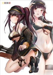  ass bikini black_bikini black_footwear black_headwear black_jacket blunt_bangs blush breasts bullpup closed_mouth color_guide female front-tie_bikini_top front-tie_top girls&#039;_frontline groin gun highleg highleg_bikini himonoata jacket large_breasts long_hair long_sleeves multiple_views navel open_clothes open_jacket open_mouth ponytail pouch purple_eyes red_eyes red_ribbon ribbon rifle sandals sidelocks simple_background sniper_rifle stomach swimsuit thigh_pouch thigh_strap underboob very_long_hair visor_cap wa2000_(girls&#039;_frontline) walther walther_wa_2000 weapon white_background 