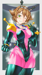  absurdres black_gloves black_thighhighs bodysuit breasts brown_hair commentary_request commission cosplay cowboy_shot elbow_gloves female g_gundam gloves green_eyes grin gundam hairband headgear highres kaga_kasama kantai_collection large_breasts looking_at_viewer mobile_trace_suit mutsu_(kancolle) one_eye_closed rain_mikamura rain_mikamura_(cosplay) short_hair skeb_commission skin_tight smile solo thighhighs 