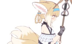  animal_ears arknights bad_id bad_pixiv_id bare_shoulders black_gloves blue_hairband blush braid chrocatz commentary_request dress extra_ears female fox_ears fox_tail from_side gloves green_eyes hairband highres kitsune looking_down multiple_tails profile short_hair sidelocks simple_background single_glove solo suzuran_(arknights) tail upper_body white_background white_dress 