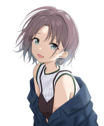  aqua_eyes asakura_toru bad_id bad_pixiv_id black_camisole blue_hair blue_jacket camisole camisole_over_clothes commentary_request earrings female from_side gradient_hair idolmaster idolmaster_shiny_colors jacket jewelry looking_at_viewer multicolored_hair open_mouth purple_hair ribbed_shirt shirt short_hair simple_background sleeveless sleeveless_shirt smile solo tennen_inari upper_body white_background white_shirt 