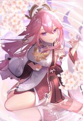  animal_ears bare_shoulders belt black_belt blurry blurry_foreground breasts cherry_blossoms closed_mouth commentary day detached_sleeves dutch_angle earrings female fingernails floating_hair floppy_ears floral_print flower_knot fox_ears fox_shadow_puppet genshin_impact hair_between_eyes hair_ornament hand_up headpiece highres japanese_clothes jewelry large_breasts long_fingernails long_hair long_sleeves looking_at_viewer low-tied_long_hair nail_polish natsuki_yoru nontraditional_miko obi outdoors pink_hair pink_nails pond purple_eyes red_belt reflection ripples sash shiny_skin sideboob sitting smile solo very_long_hair water wide_sleeves wind yae_miko yokozuwari 