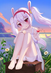  animal_ears artist_name azur_lane bare_legs barefoot box candy chinese_commentary closed_mouth collarbone commentary_request crossed_bangs dated dress evening fake_animal_ears feet female food giving hair_between_eyes head_tilt highres holding holding_candy holding_food holding_lollipop incoming_food jitome knees_up laffey_(azur_lane) legs legs_together light_purple_hair lollipop long_hair looking_at_viewer nail_polish on_box outdoors rabbit_ears red_eyes sidelocks sitting sitting_on_box sky smile solo sundress sunset thighs toenail_polish toenails toes twintails underwear white_dress wooden_box xiao_shi_lullaby 