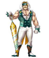  1boy animal_ears bara bare_shoulders bartre_(fire_emblem) bartre_(spring)_(fire_emblem) boots bow brown_eyes brown_hair dai-xt facial_hair fire_emblem fire_emblem:_the_binding_blade fire_emblem_heroes flower full_body gloves headband highres male_focus moustache muscular muscular_male non-web_source official_alternate_costume official_art pectoral_cleavage pectorals rabbit_ears simple_background solo thighs transparent_background veins 