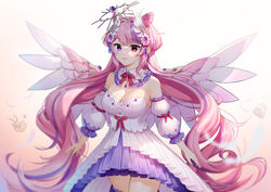  angel_wings artist_name bare_shoulders breasts commentary cone_hair_bun cowboy_shot detached_collar detached_sleeves dress english_commentary female gradient_background hair_bun hair_ornament heterochromia high-low_skirt highres ironmouse ironmouse_(fallen_angel) large_breasts long_hair looking_at_viewer multicolored_hair parted_lips pink_background pink_hair puffy_detached_sleeves puffy_sleeves purple_eyes purple_hair red_eyes sasoura simple_background smile solo streaked_hair very_long_hair virtual_youtuber vshojo watermark white_background wings 