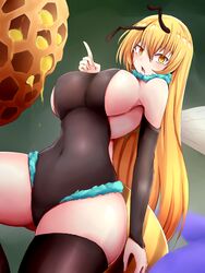  animal_ears antennae arthropod_girl bare_shoulders bee_girl beehive blonde_hair blush bodystocking breasts brown_gloves brown_thighhighs chestnut_mouth commentary covered_navel elbow_gloves female fur_trim gloves highres huge_breasts long_hair looking_at_viewer monster_girl open_mouth original raichi_(ddq0246) sideboob simple_background skin_tight skindentation sleeveless solo tail thighhighs thighs wings yellow_eyes 