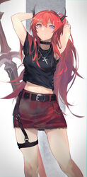  adjusting_hair arknights arms_up belt belt_buckle black_shirt buckle choker commentary cowboy_shot cross cross_necklace english_commentary female glowing glowing_eyes hair_between_eyes hand_up highres horns jewelry kamatpit long_hair looking_at_viewer looking_back midriff navel necklace official_alternate_costume purple_eyes red_hair red_skirt shirt short_sleeves simple_background skirt slit_pupils solo surtr_(arknights) surtr_(liberte_echec)_(arknights) sword thigh_strap thighs weapon white_background 