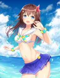  absurdres ankimo_(tokino_sora) bikini blue_eyes blue_sky breasts brown_hair cleavage cloud cloudy_sky day female hair_flaps hair_ornament hair_ribbon hand_up highres hololive hozuka long_hair looking_at_viewer medium_breasts miniskirt navel neckerchief ocean official_alternate_costume open_mouth outdoors red_ribbon ribbon sailor_collar sideboob skirt sky smile solo sparkle star_(symbol) star_hair_ornament stomach swimsuit tareme tokino_sora tokino_sora_(hololive_summer_2019) virtual_youtuber wading water water_drop wrist_cuffs 