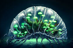  animal bug commentary english_commentary full_body glowing glowing_mushroom green_eyes highres moss mushroom no_humans original pillbug plant surreal terrarium transparent watermark web_address yuumei 