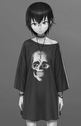  alternate_costume arms_at_sides bracelet casual closed_mouth collar collarbone commentary_request cross cross_necklace english_commentary expressionless female flat_chest glasses goth_fashion grey_background greyscale highres ichikawa_masahiro jewelry komiyama_kotomi long_shirt long_sleeves looking_at_viewer mixed-language_commentary monochrome necklace print_shirt shirt short_hair simple_background single_bare_shoulder skull_print solo spiked_collar spikes standing watashi_ga_motenai_no_wa_dou_kangaetemo_omaera_ga_warui! 