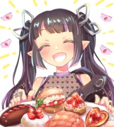  :d black_hair black_jacket black_shirt blunt_bangs blush bread breasts cake cleavage closed_eyes commentary_request cream_puff demon_girl demon_horns female food fruit heart heart_print horns jacket jewelry kojo_anna kojo_anna_(1st_costume) kuzuhana long_hair medium_breasts melon_bread mochi multicolored_hair nanashi_inc. off_shoulder open_clothes open_jacket open_mouth pastry plate pointy_ears print_shirt purple_hair ring see-through see-through_cleavage see-through_shirt shirt sleeveless sleeveless_shirt smile solo sparkle strawberry sugar_lyric transparent_background twintails two-tone_hair upper_body virtual_youtuber whipped_cream zipper 