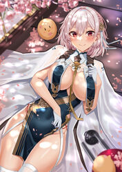  absurdres azur_lane blush braid breast_curtains breasts china_dress chinese_clothes dress female flower garter_straps gloves hair_between_eyes hair_ornament highres large_breasts looking_at_viewer manjuu_(azur_lane) official_alternate_costume red_eyes revealing_clothes shocho short_hair sirius_(azur_lane) sirius_(azure_horizons)_(azur_lane) solo thighhighs white_gloves white_hair white_thighhighs 