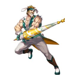  1boy animal_ears bara bartre_(fire_emblem) bartre_(spring)_(fire_emblem) boots bow brown_eyes brown_hair dai-xt facial_hair fire_emblem fire_emblem:_the_binding_blade fire_emblem_heroes flower full_body gloves headband highres male_focus moustache muscular muscular_male non-web_source official_alternate_costume official_art pectoral_cleavage pectorals rabbit_ears simple_background solo teeth transparent_background 