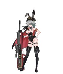  absurdres alternate_costume animal_ears armband bare_shoulders black_boots black_gloves black_hat black_leotard black_survival black_thighhighs blue_eyes boots breasts bullpup cape cleavage contrapposto detached_collar eternal_return:_black_survival fake_animal_ears female full_body gloves grey_hair gun hand_on_own_hip hat high_heel_boots high_heels highleg highleg_leotard highres katja_(black_survival) large_breasts leotard long_hair looking_at_viewer necktie p_chemistry peaked_cap playboy_bunny rabbit_ears rifle short_necktie simple_background skindentation sniper_rifle solo strapless strapless_leotard thigh_boots thigh_strap thighhighs walther walther_wa_2000 weapon white_background wrist_cuffs 